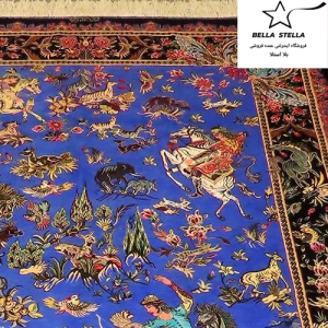 قالیچه دستباف تمام ابریشم قم طرح شکارگاه مارک صادق زاده ریز باف